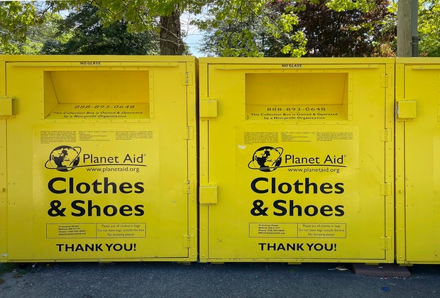 Picture of Planet Aid bins for clothing donation near Boston.