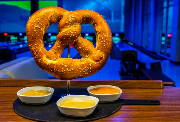 Image of a giant pretzel at Apex Entertainment Center.