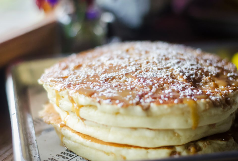 Tempt yourself with the banana crumb pancakes at The Flour Shoppe Cafe.