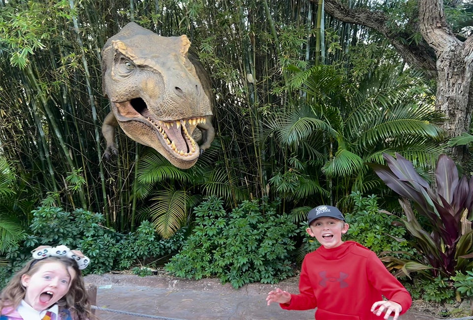 Watch out for sneaky dinosaurs roaming the grounds of Jurassic Park at Universal Orlando Resort. Photo by Charlotte Blanton