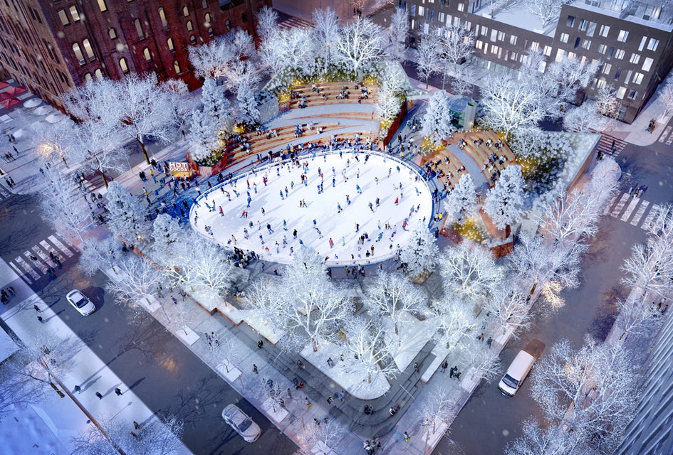 Domino Square is set to be a community hub and brings a new ice skating rink to Williamsburg this winter. Rendering courtesy of Two Trees Management