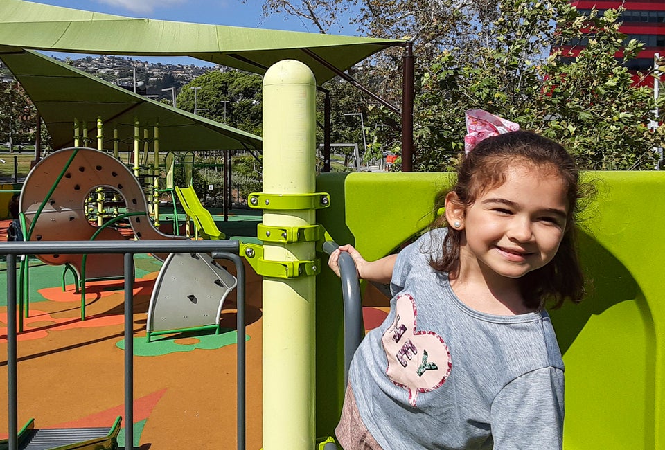 The new playground at the West Hollywood Park has climbing things and sliding things and music things and makes for huge smiles.