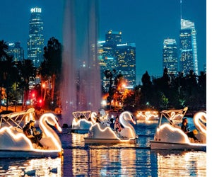Have an only in La-La Land New Year's Eve with the Echo Park Swan Boats. Photo courtesy of Wheel Fun Rentals