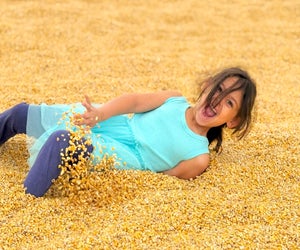 Kids love rolling around the barn full of corn at Fink’s Country Farm. Photo by the author