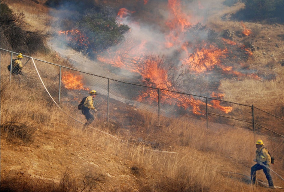 Firefighters battling the Woolsey Wildfire. Photo by Mike Meadows courtesy of Los Angeles Fire Department