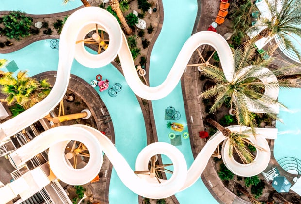 Aerial view of two giant water slides at the Grand Hyatt Hotel in Indian Wells