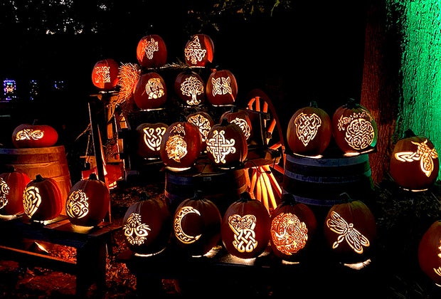 Detailed jack-o'-lanterns carved in celtic designs line the path at the Great Jack O'Lantern Blaze Long Island