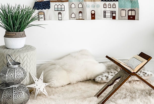 Ramadan nook in the corner of the house with a 30 day countdown calendar.