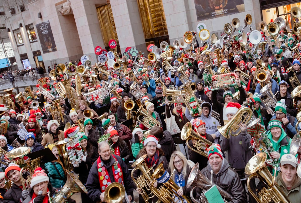 Hundreds of tuba players converge on Rockefeller Center each December for a merry afternoon of carol playing. Photo courtesy of Tishman Speyer