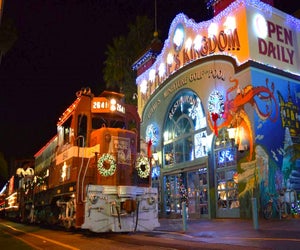 All aboard the vintage holiday lights train at Roaring Camp Railroad. Photo courtesy of Roaring Camp Railroad