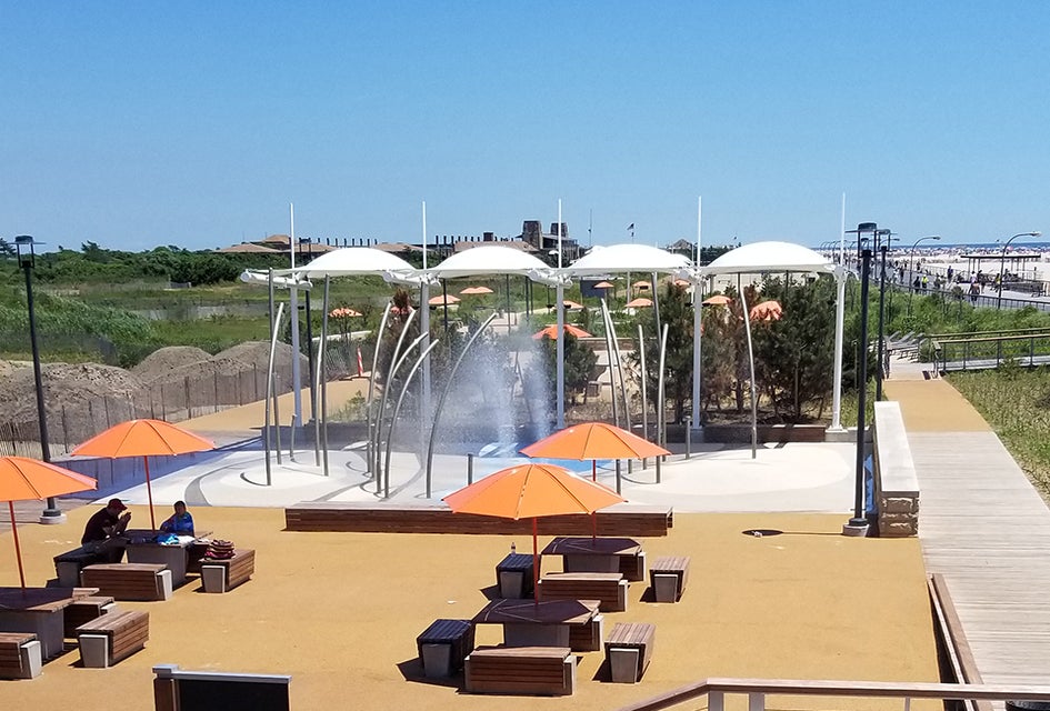 The splash pad is located near Field 4, just a walk across the boardwalk from the ocean.