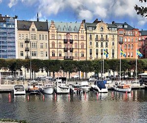 Stroll along the canal in Stockholm's Norrmalm neighborhood.
