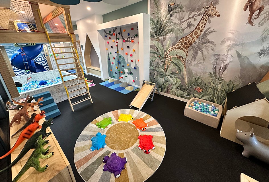 Good Life Clubhaus' play space includes a ball pit, climbing structures, sensory floor tiles, and a small netted clubhouse. Photo by the author