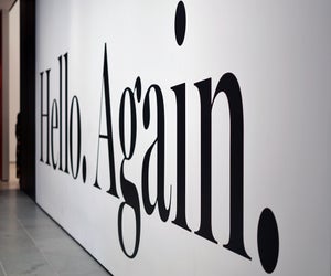 Haim Steinbach's art offers an apropos greeting at MoMA, which reopens Thursday, August 27, and is offering FREE admission through Sunday, September 27. Photo by the author