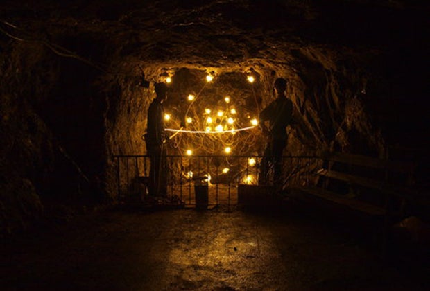 entrance to Rainbow Mining tunnel lit up