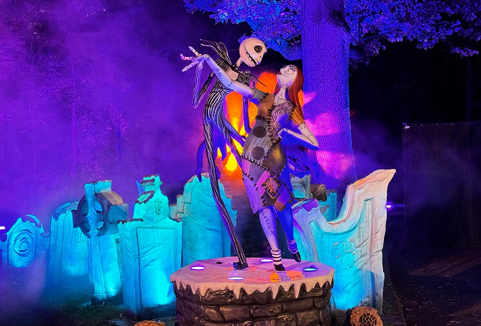 Join Jack Skellington, Sally, and Zero on a walk of wonders at NYBG's The Nightmare Before Christmas Light Trail. Photo by Ally Noel