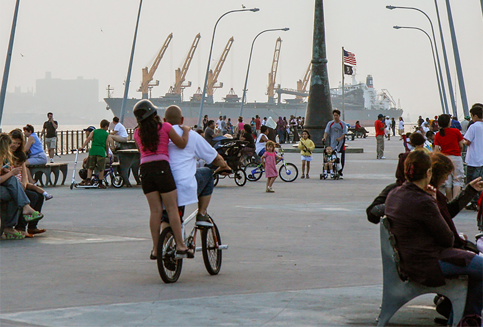 Bay Ridge's American Veterans Memorial Pier is a communal gathering place and offers an NYC Ferry landing to connect the neighborhood with the rest of NYC. Photo by Katherine Fox/NYCGo