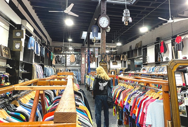 Thrift stores in NYC: Racks of clothes