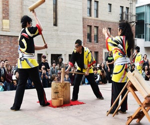 Mochitsuki (rice pounding) demos create mochi samples at the Oshogatu Family Festival. Photo courtesy of the Japanese American National Museum