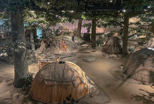 Photo of a recreation of a Mashantucket Pequot village.