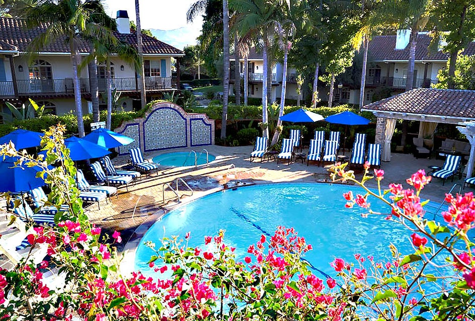The Westlake Village Pool is a lovely flowery oasis. 