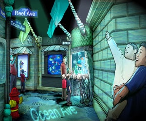 Tropical fish, rays, and sharks swim in the store windows at 