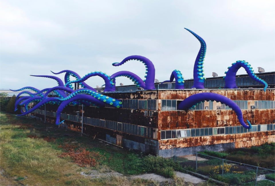 Sea monster tentacles erupt from an abandoned warehouse in the Navy Yard.
