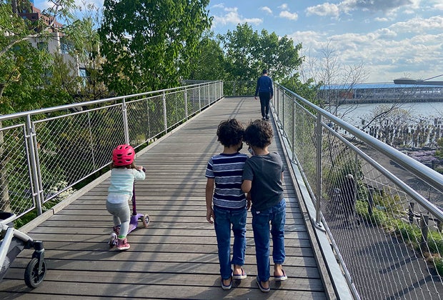 Kids walking on Squibb Bridge