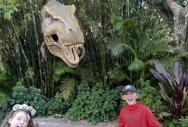 Watch out for sneaky dinosaurs roaming the grounds of Jurassic Park at Universal Orlando Resort. Photo by Charlotte Blanton