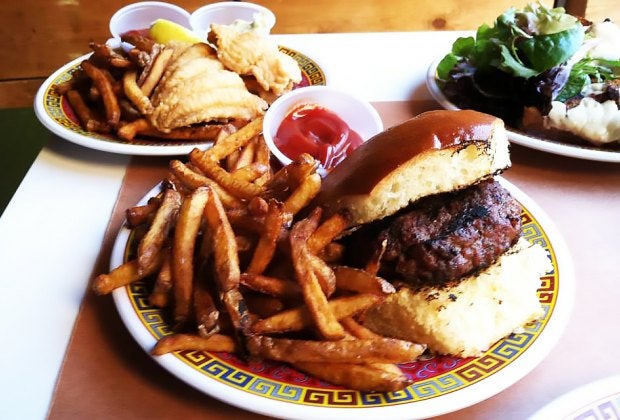 The burger and fries from the kids' menu at Cheryl's Global Kitchen are delicious.