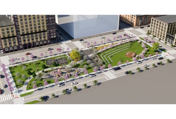 The future Coles Street Park will have an enclosed playground. Rendering via Urban Architecture LLC.