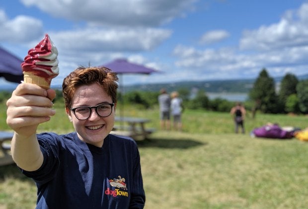Enjoying some local cassis ice cream on the Ile d'Orleans.