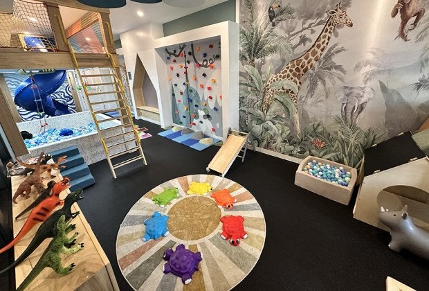 Good Life Clubhaus' play space includes a ball pit, climbing structures, sensory floor tiles, and a small netted clubhouse. Photo by the author