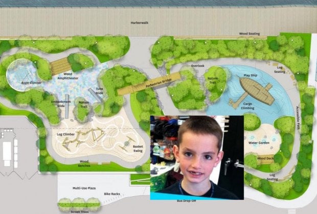 Fun features like a rope climber, a play ship, and a splash pad were planned with Martin in mind. Photos courtesy of Michael Van Valkenburg Associates via City of Boston/Martin Richard Foundation