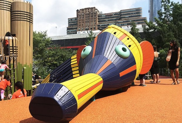 A 22-foot, rainbow-hued pipefish winds through the multi-level playground.