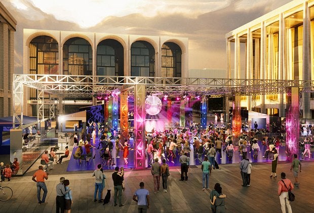 Dance on the larger-than-life disco floor dubbed The Oasis at Lincoln Center starting Saturday, May 14 as part of its Summer for the City festival. Illustration by Ali Kashfi/courtesy of Lincoln Center 