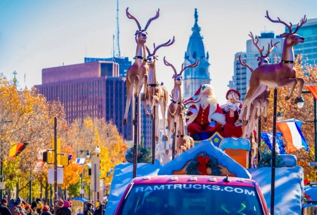 Santa cruising through the city for the 6abc Dunkin' Thanksgiving Day Parade. Photo courtesy of J. Fusco for Visit Philadelphia.