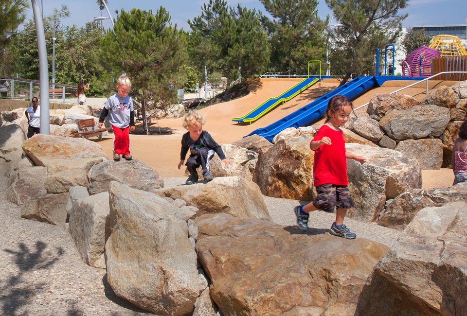 Kids love the rocks and climbing structures at Tongva Park. Photo courtesy of James Corner Field Operations