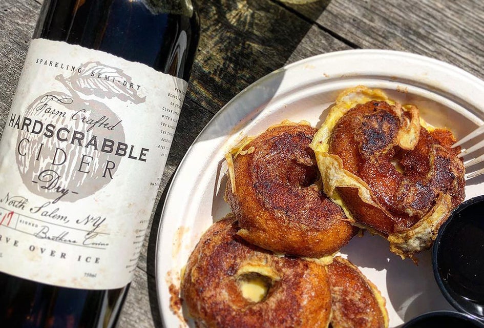 Adults can enjoy a drink from Hardscrabble Cidery at Harvest Moon Farm & Orchard while kids devour the donut pancakes.  