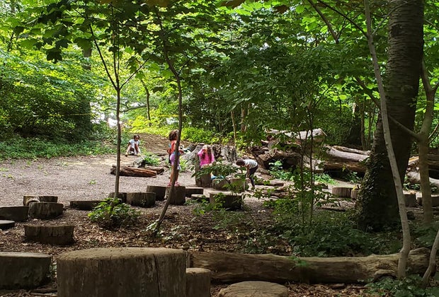 Children play at the Zucker Natural Exploration Area